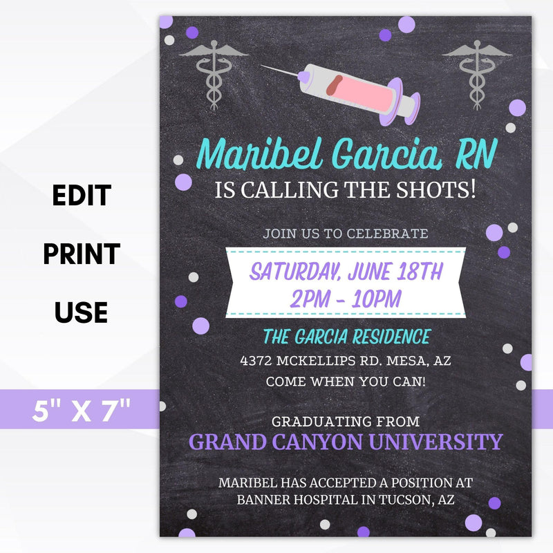 nurse RN LPN calling the shots printable nursing school graduation invite template