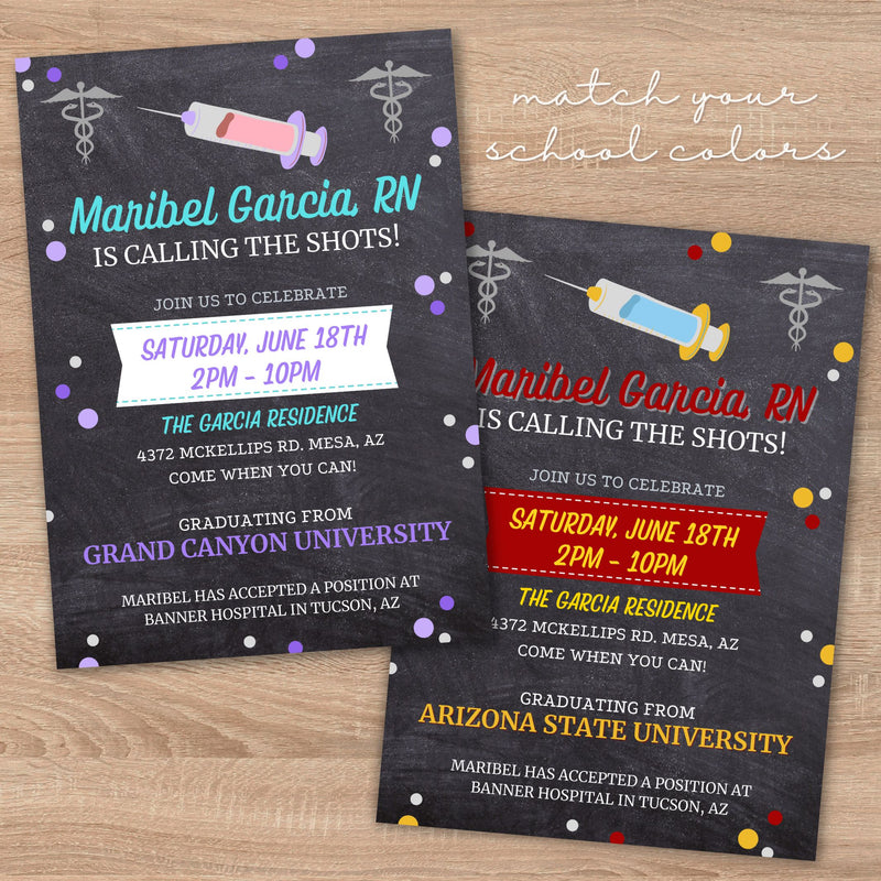 Two graduation party invitations for medical graduate edited to include school colors on a wooden surface.