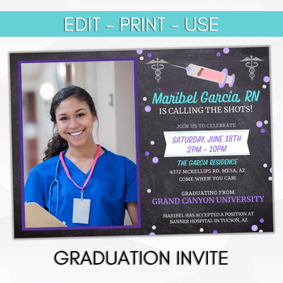 nurse RN LPN calling the shots printable nursing school graduation invite template
