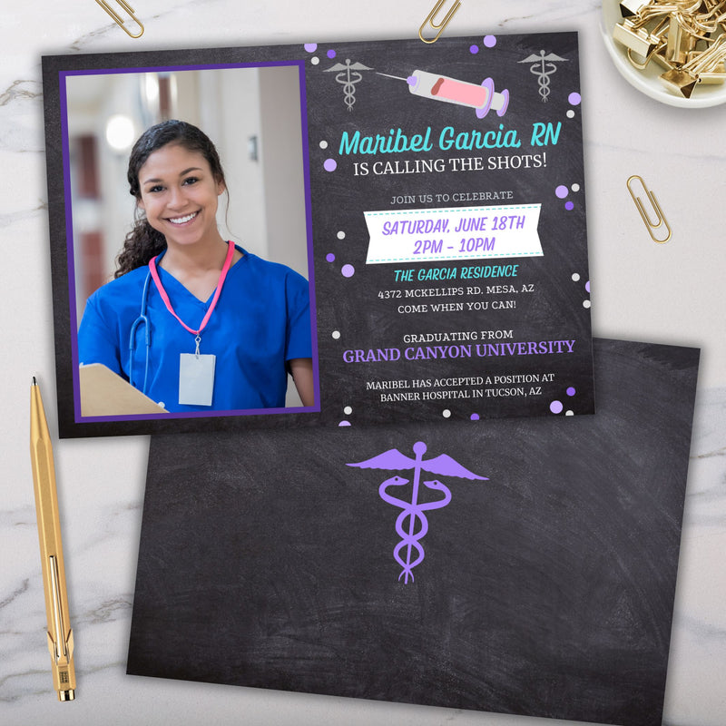 Graduation invitation for a nurse with a photo of a smiling nurse in blue scrubs customized to match grand canyon university colors on white marble surface with gold pen.