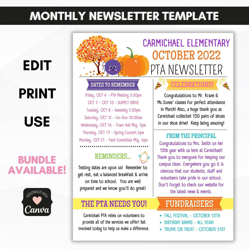 school pto pta OCTOBER newsletter template