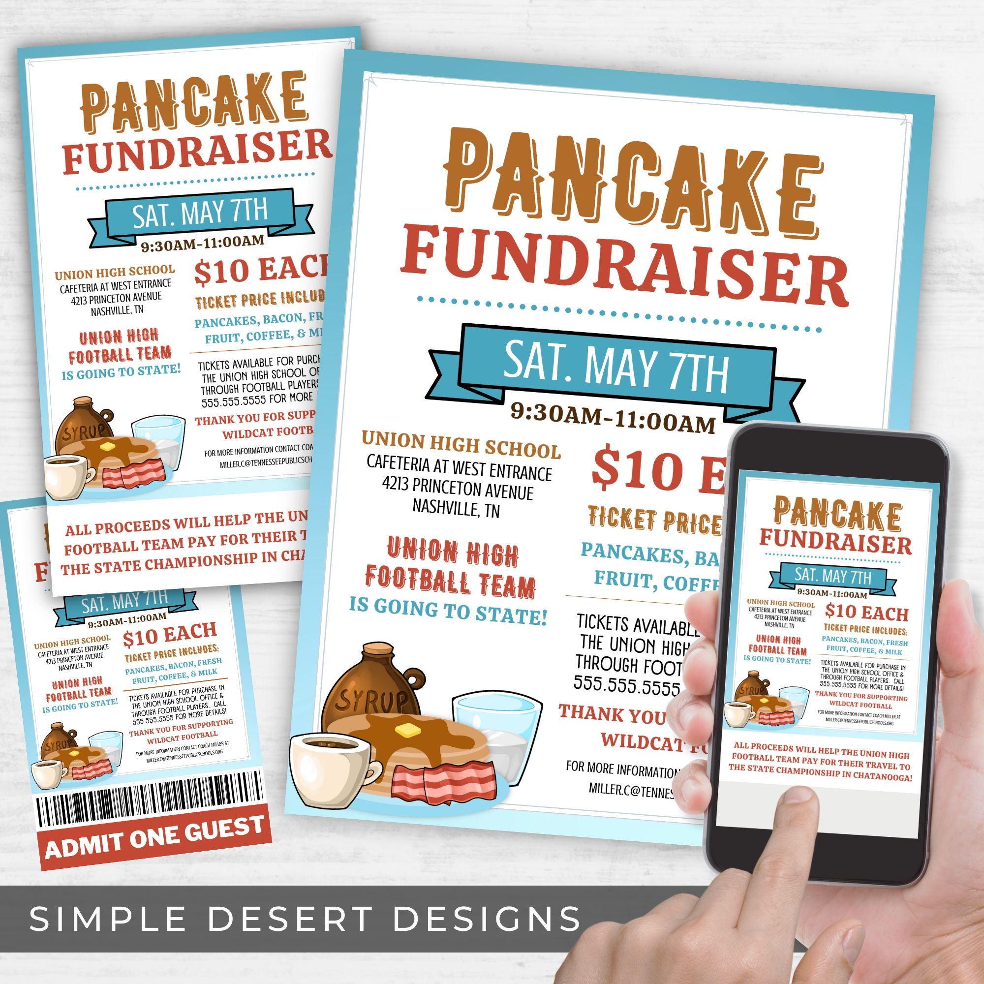 Pancake fundraiser flyer with event details and a phone displaying the flyer.