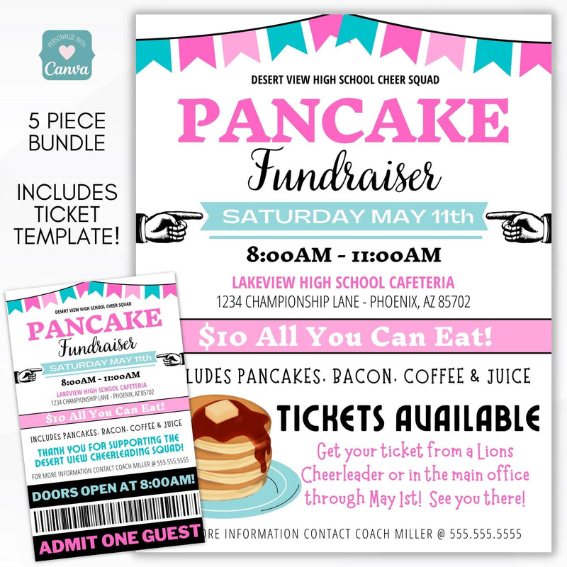 Editable Pancake/Flapjack Breakfast Fundraiser Event Bundle Includes Flyer/Sign/Poster Set with Tickets and Social Media Flyer for School PTO/PTA/PTC leader event planning
