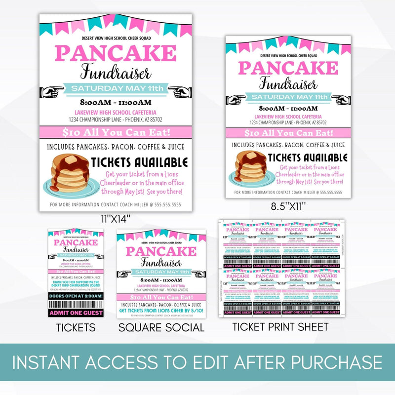 Pancake Breakfast Ticket/Sign/Flyer/Poster/Social Media Template Bundle for School PTO/PTA/PTC and Athletic Booster Fundraiser