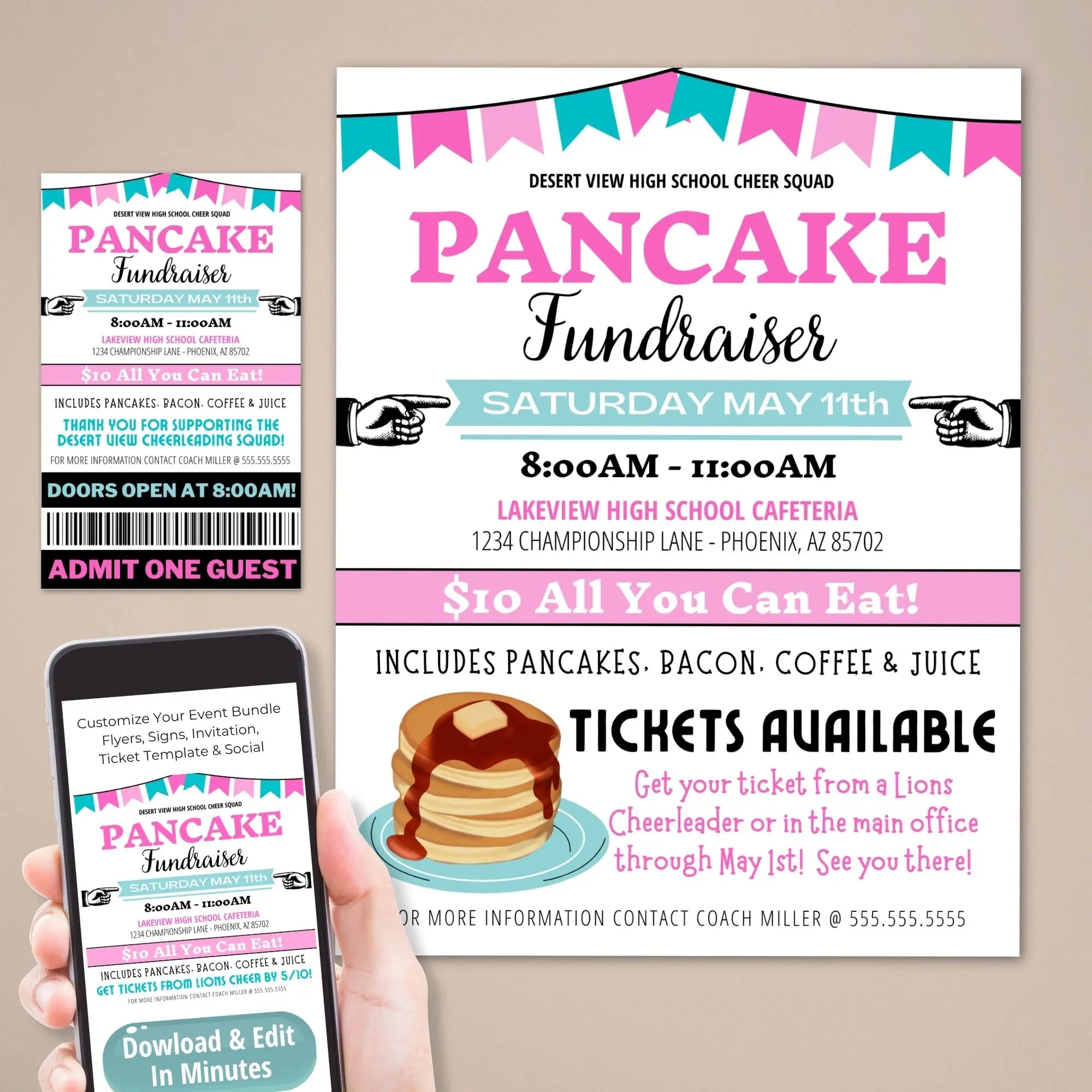 Pancake fundraiser flyer with event details, event ticket, and a phone displaying the editable flyer template bundle for schools and community fundraising events.