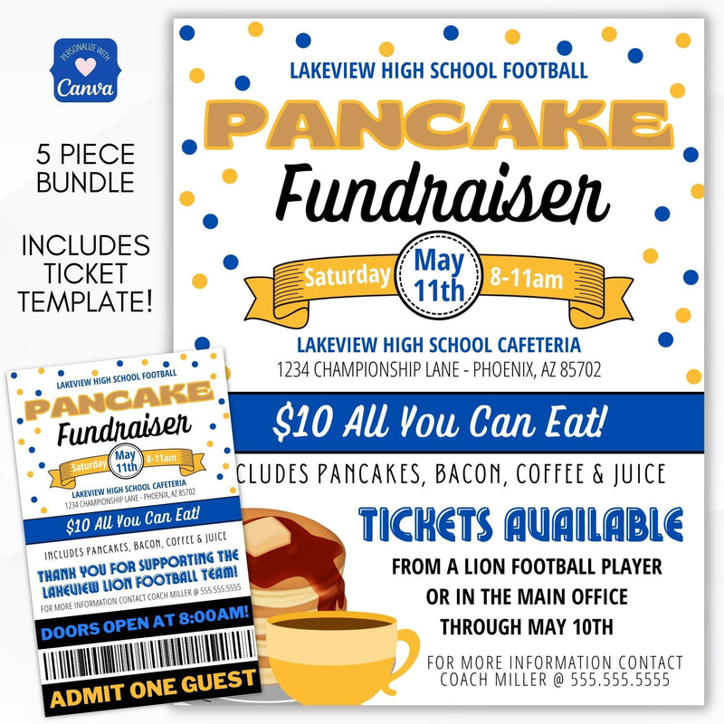 Editable Pancake/Flapjack Breakfast Fundraiser Event Bundle Includes Flyer/Sign/Poster Set with Tickets and Social Media Flyer for School PTO/PTA/PTC leader event planning