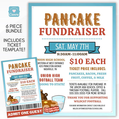 Editable Pancake/Flapjack Breakfast Fundraiser Event Bundle Includes Flyer/Sign/Poster Set with Tickets and Social Media Flyer for School PTO/PTA/PTC leader event planning