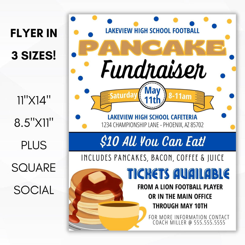 School, Church, Non Profit, Athletic Team, Community Charity Event Pancake Breakfast Fundraiser Idea