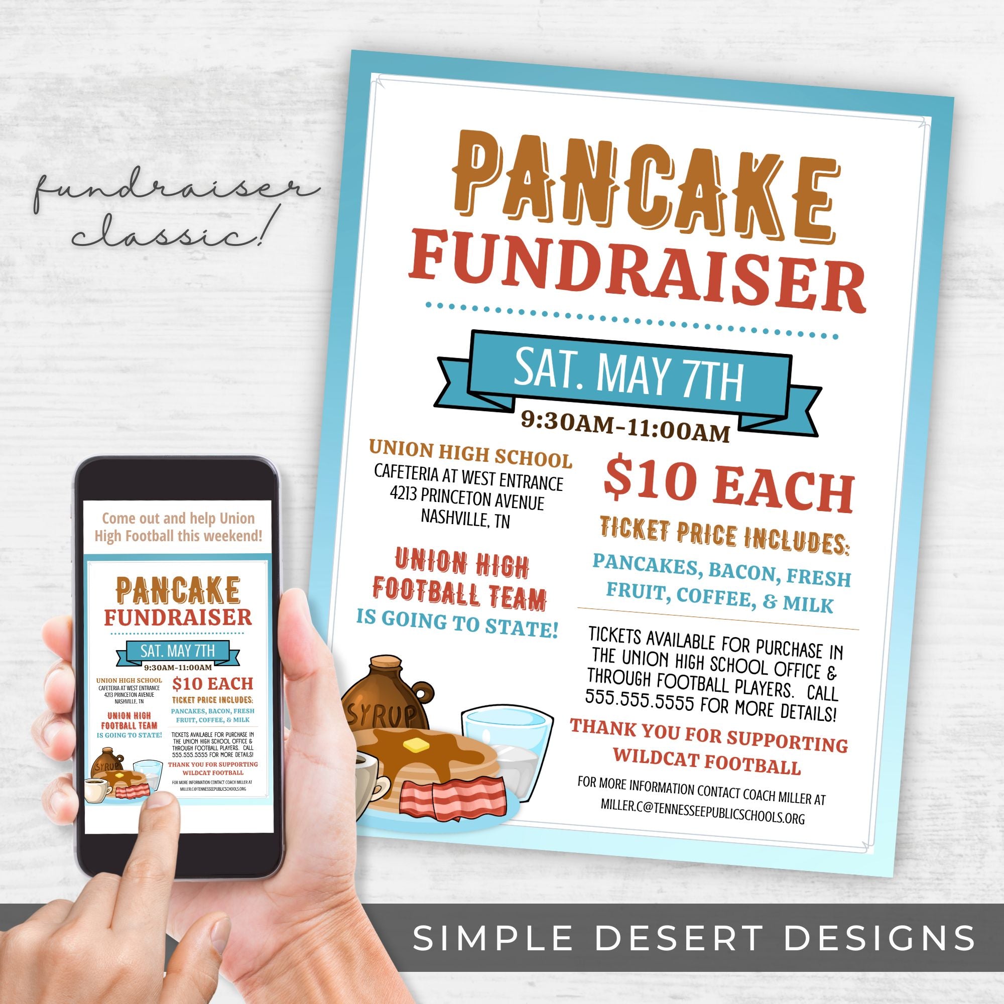 Pancake fundraiser flyer held by a hand with a smartphone displaying the same flyer.