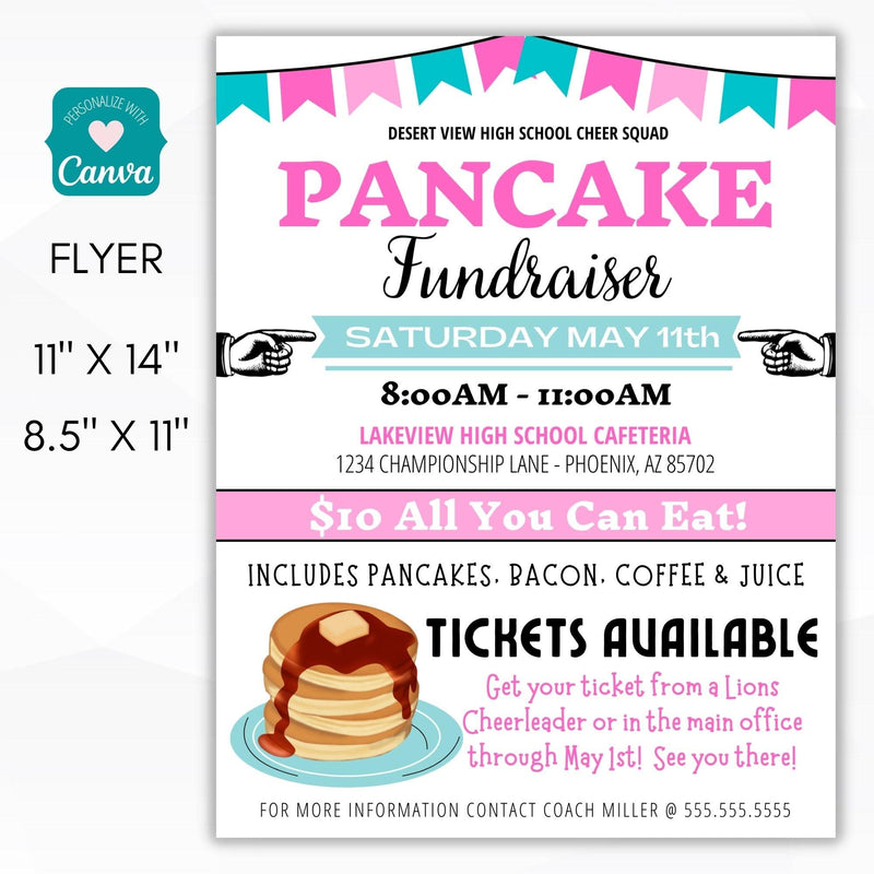 Editable Pancake Breakfast Fundraiser Flyer Set for School, Business, Non Profit, Charity, Benefit Event