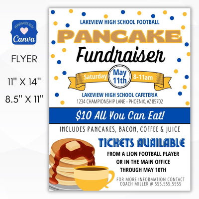 Editable Pancake Breakfast Fundraiser Flyer Set for School, Business, Non Profit, Charity, Benefit Event