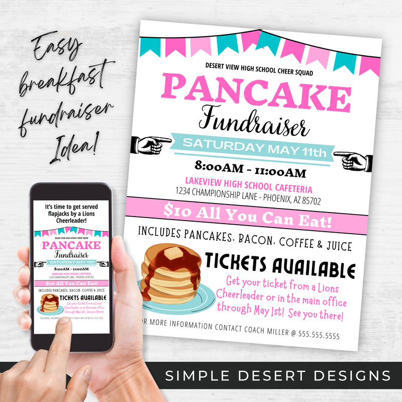 custom pancake breakfast fundraiser flyers for school church or nonprofit charity fundraising
