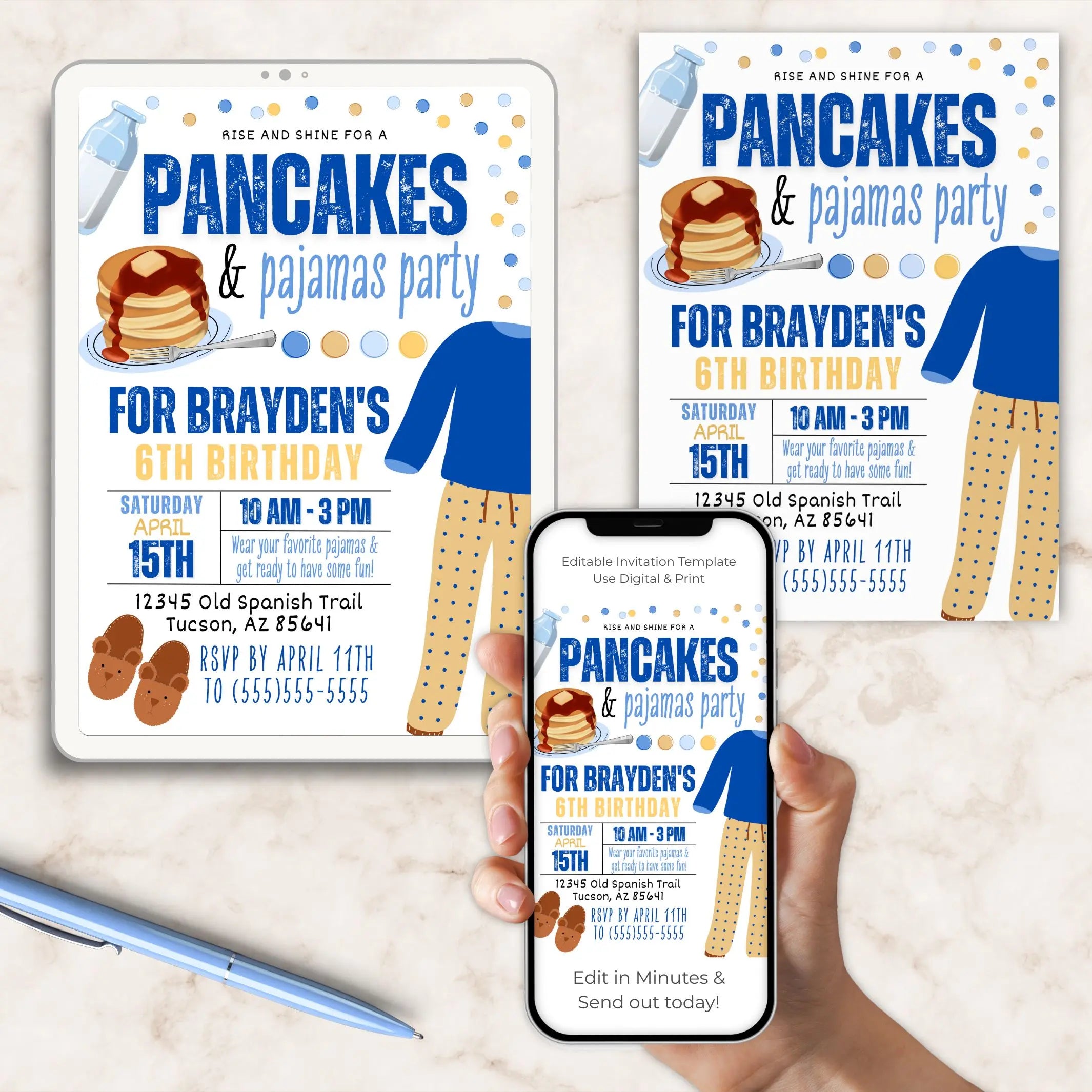 Personalized pancakes and pajamas birthday party invitation template on a phone, tablet and printed on a marble surface with pen