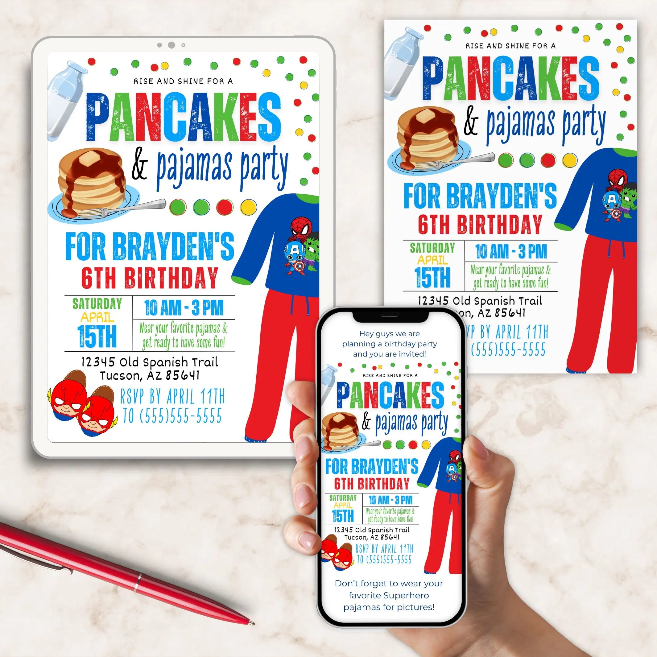 Image of colorful pancakes and pajamas party invitation for a kids superhero theme birthday party edited for Brayden's 6th birthday printed, on a tablet and on a phone.