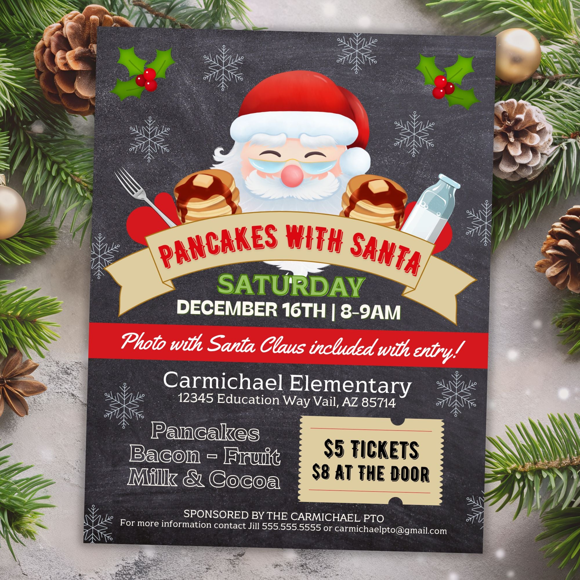 Invitation for 'Pancakes with Santa' event at Carmichael Elementary with festive decorations.