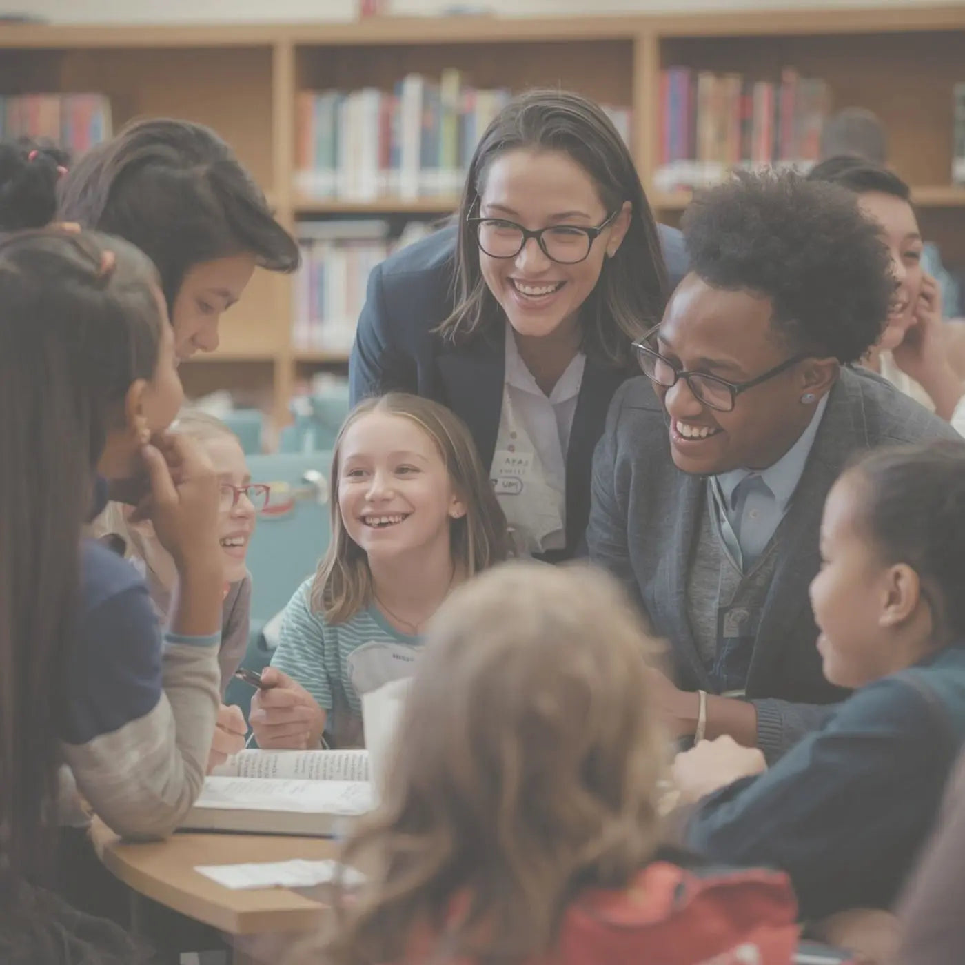 Photo of children, teachers and parents in a school library representing a collection of parent engagement event flyers and invitations for schools, PTOs and event planners created by Simple Desert Designs.