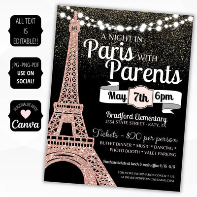 Editable Night in Paris themed dance flyer sign poster template school pto Student council stuco