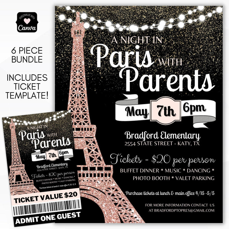 Parisian Night in Paris themed school dance prom flyer sign poster ticket template for school pto pta ptc church community fundraiser