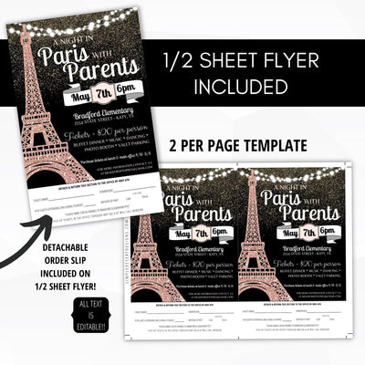 night in paris with parents parisian school dance themed flyer set editable template digital download