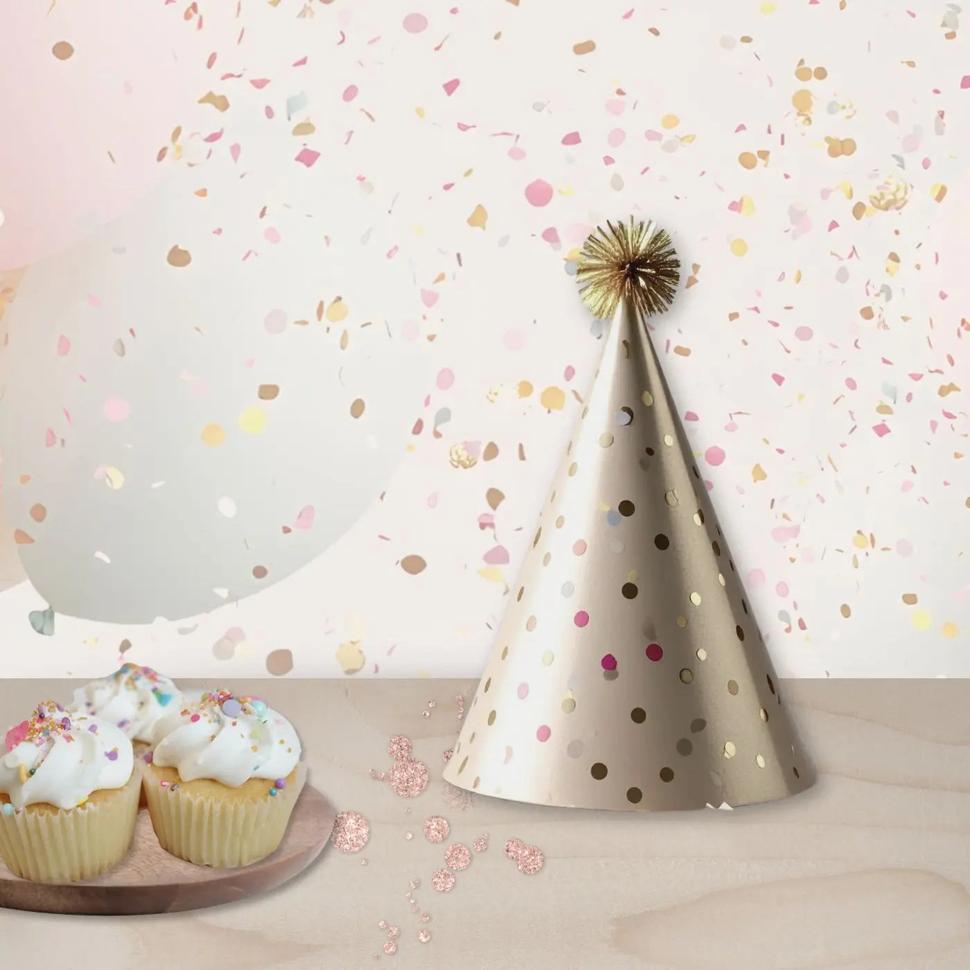 Party hat with gold polka dots on a surface with cupcakes and balloons, against a wall with confetti falling to represent birthday and party event templates.