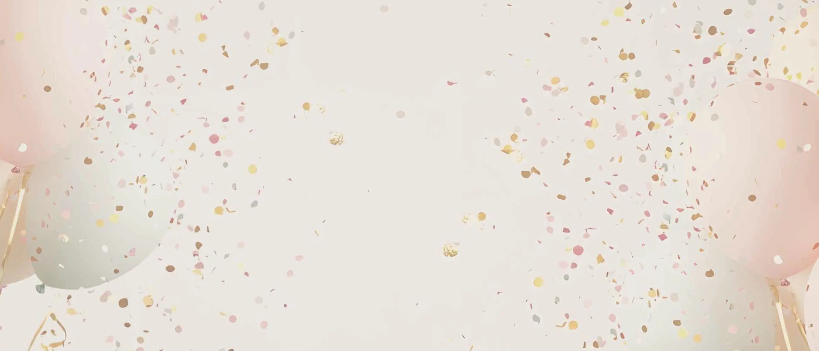 Decorative surface with confetti and balloons on a light background representing a collection of editable party and celebration templates by Simple Desert Designs.