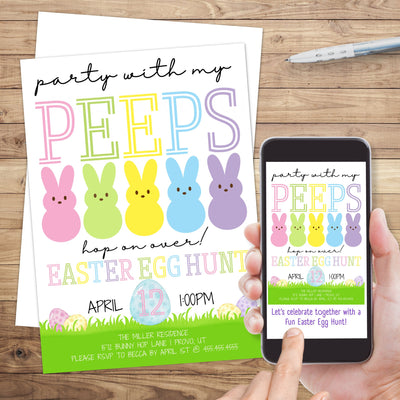 modern pastel peeps easter egg hunt party invitation digital e invite and printed
