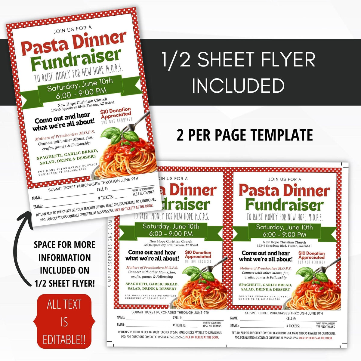 Pasta Fundraiser Flyer Ticket Template Bundle - Simple Desert Designs