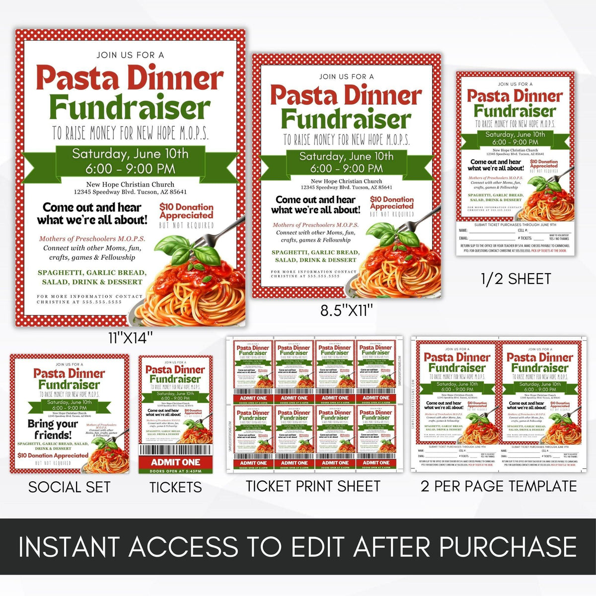 Pasta Fundraiser Flyer Ticket Template Bundle - Simple Desert Designs