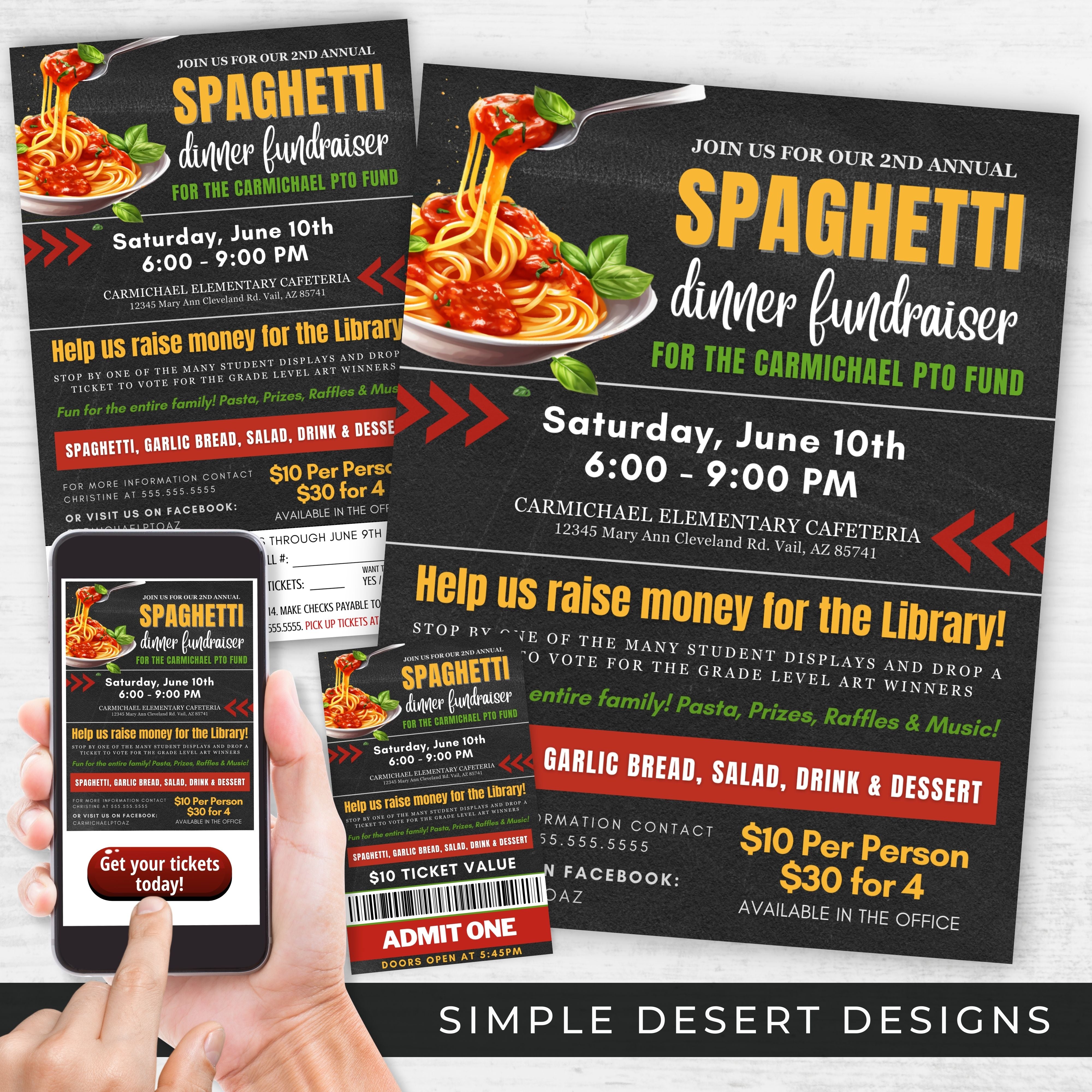 spaghetti dinner fundraiser flyer and ticket set with food-themed icons and editable layouts