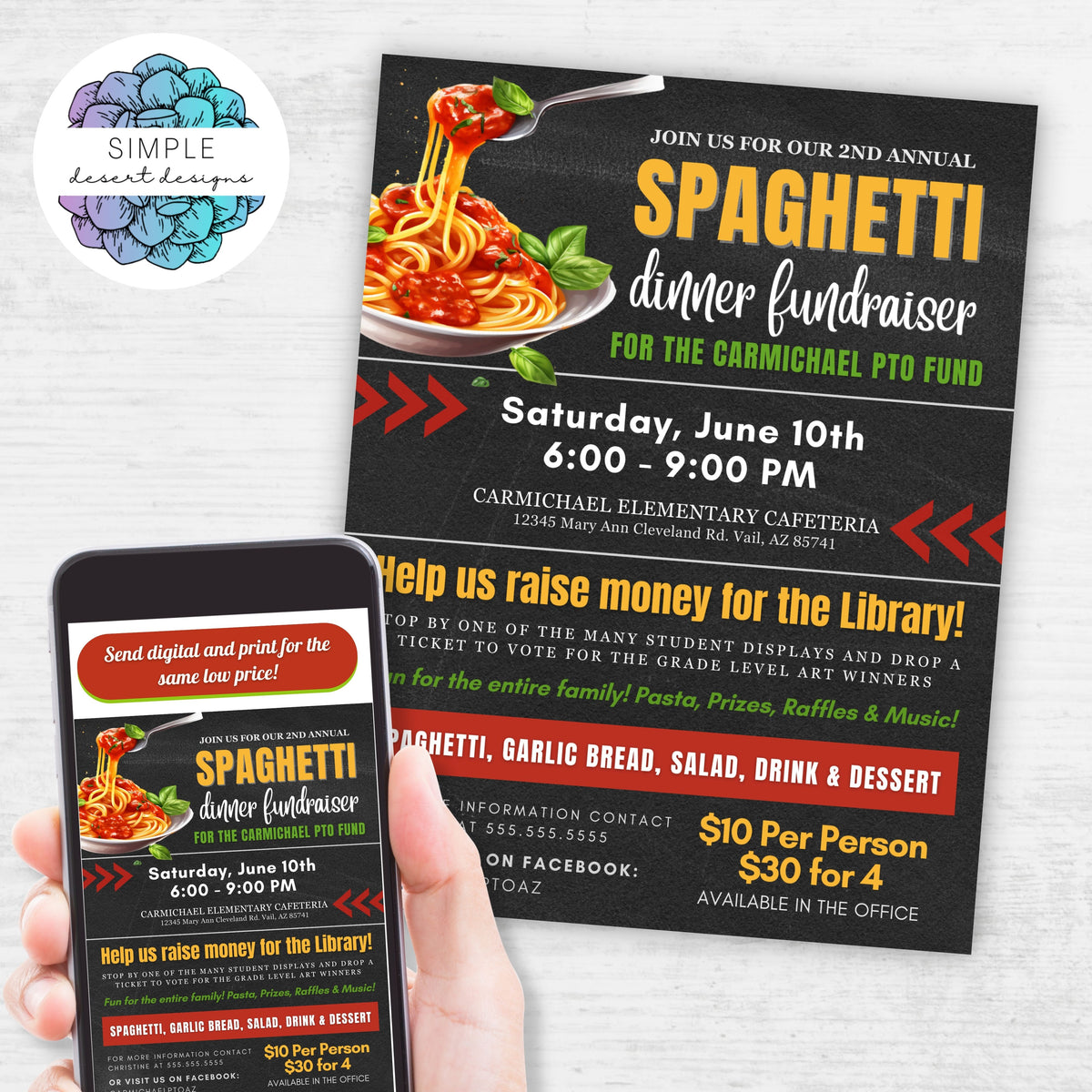 Pasta Dinner Fundraiser Flyer Template - Simple Desert Designs