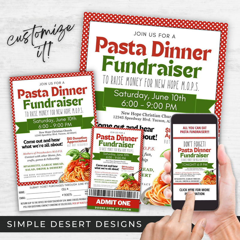 pasta fundraiser flyer tickets social media post bundle for spaghetti dinner fundraiser event