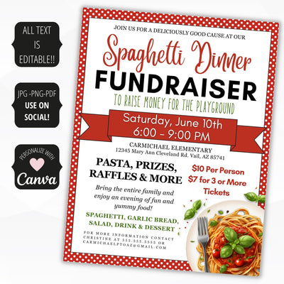 personalize the text on your spaghetti supper fundraiser flyers