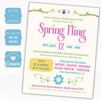 spring dance craft fair bazaar festival invitation flyer set school pto community church printable