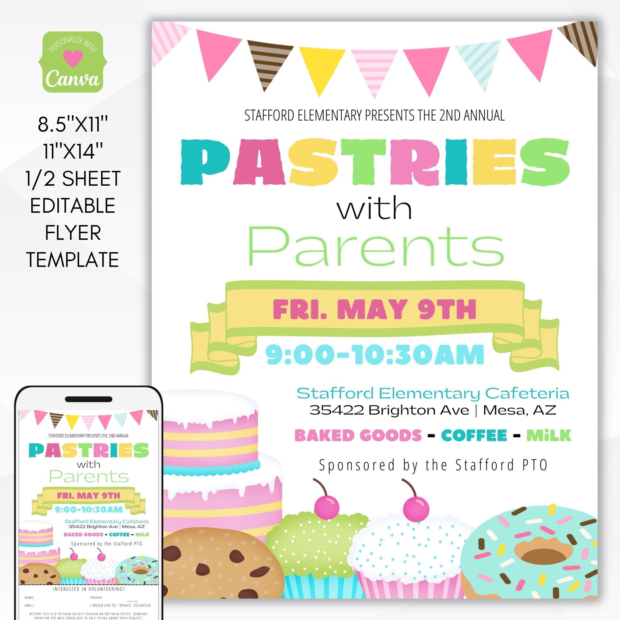 pastries with parents flyer set school pto donut muffin fundraiser parent engagement event