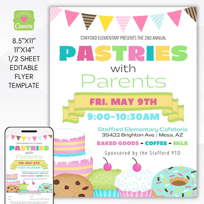 pastries with parents flyer set school pto donut muffin fundraiser parent engagement event