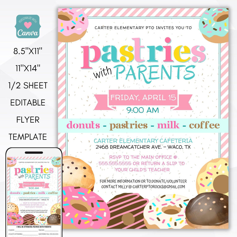 pastries with parents flyer set school pto donut muffin fundraiser parent engagement event
