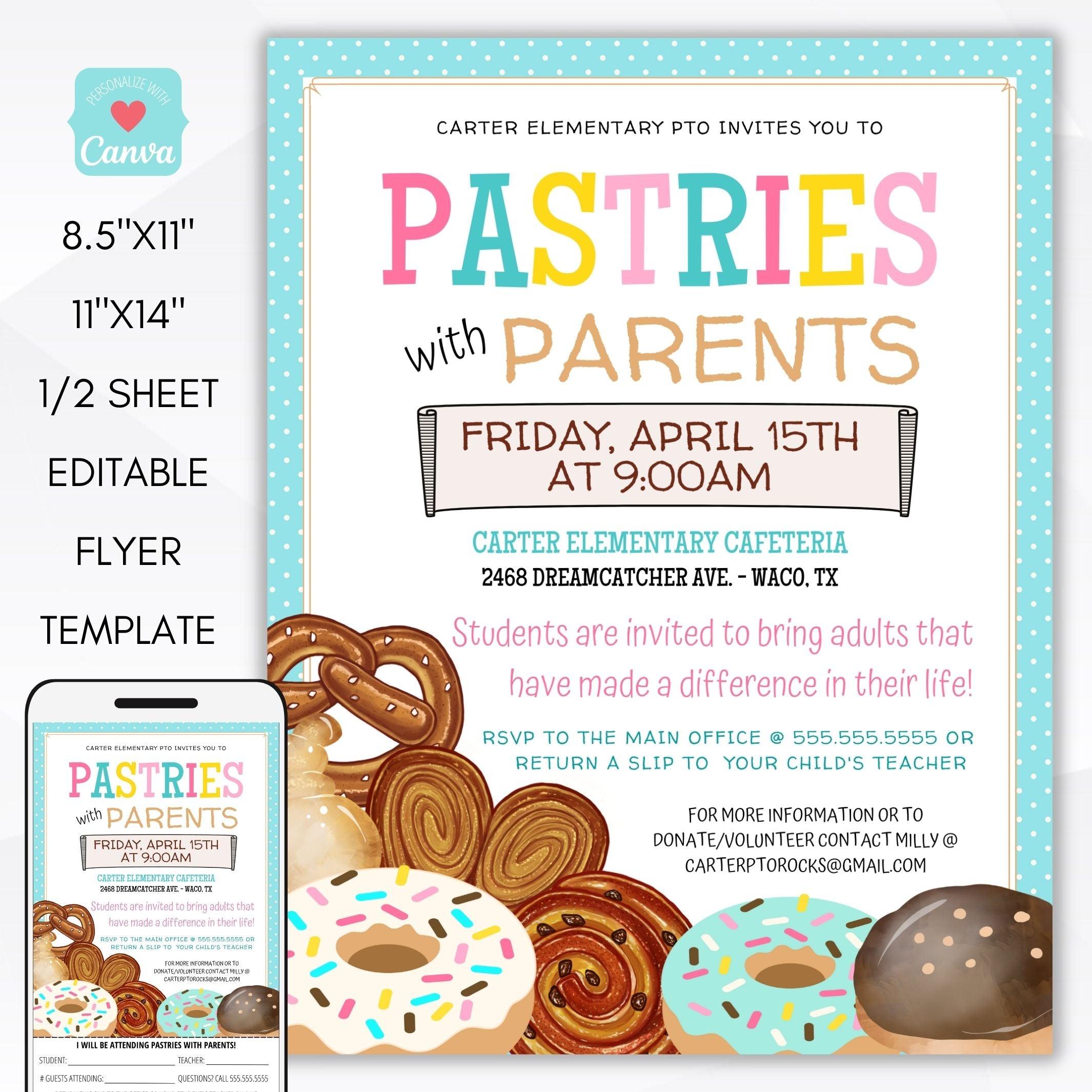 pastries with parents flyer set school pto donut muffin fundraiser parent engagement event