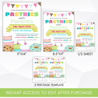 pastry donut muffin breakfast brunch social invite editable printable template bundle