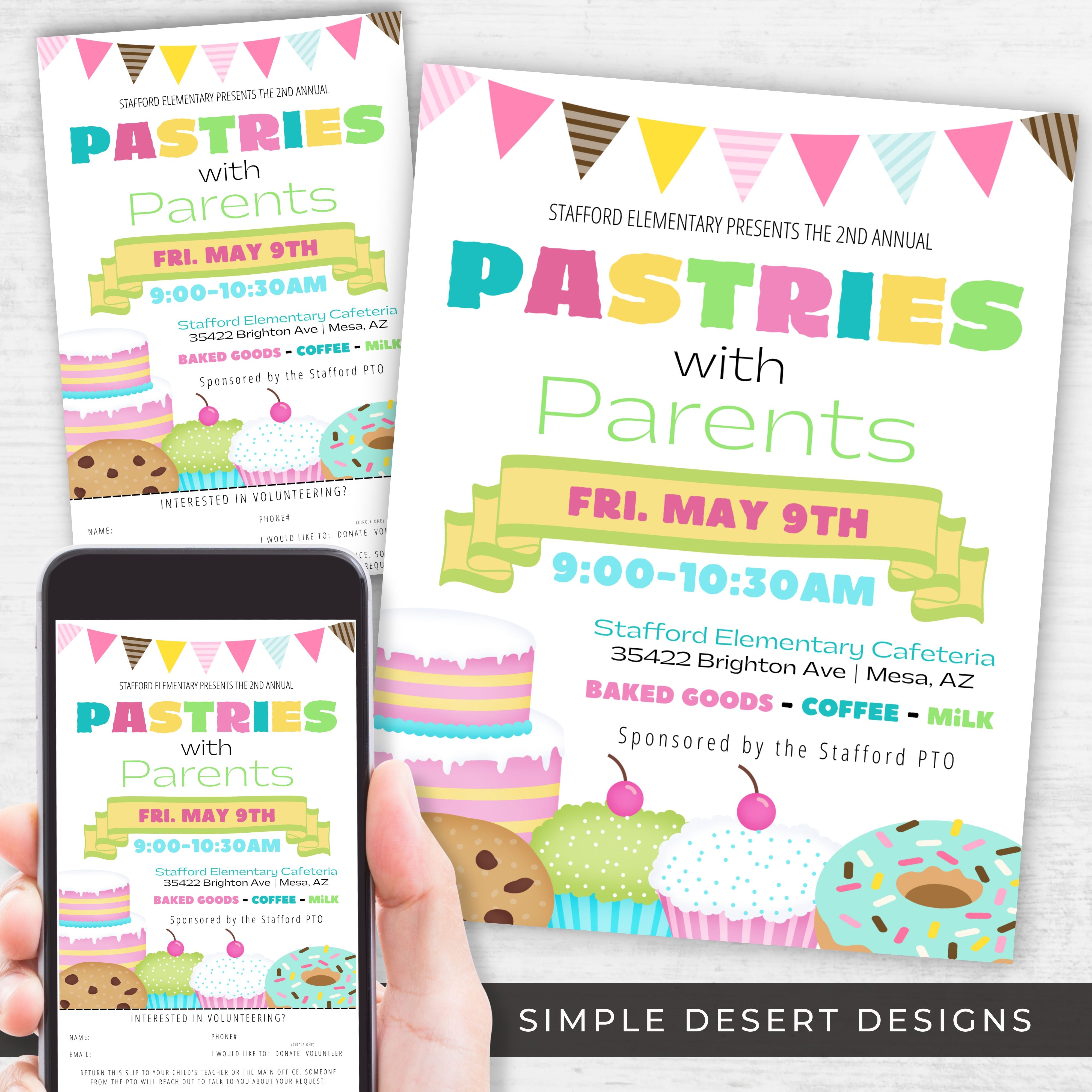 cute pastries with parents flyer for parent engagement activity for schools church community groups