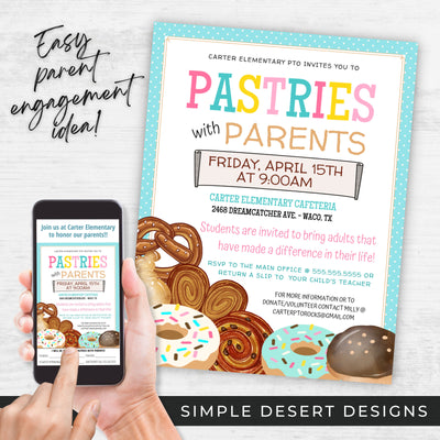 customizable pastries with parents invitation flyers for school, church or community parent engagement activity