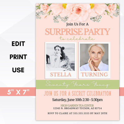 peach floral surprise party invitation