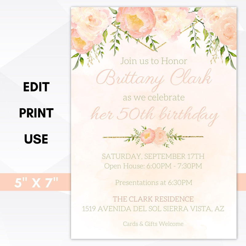 peach peony floral editable invitation template