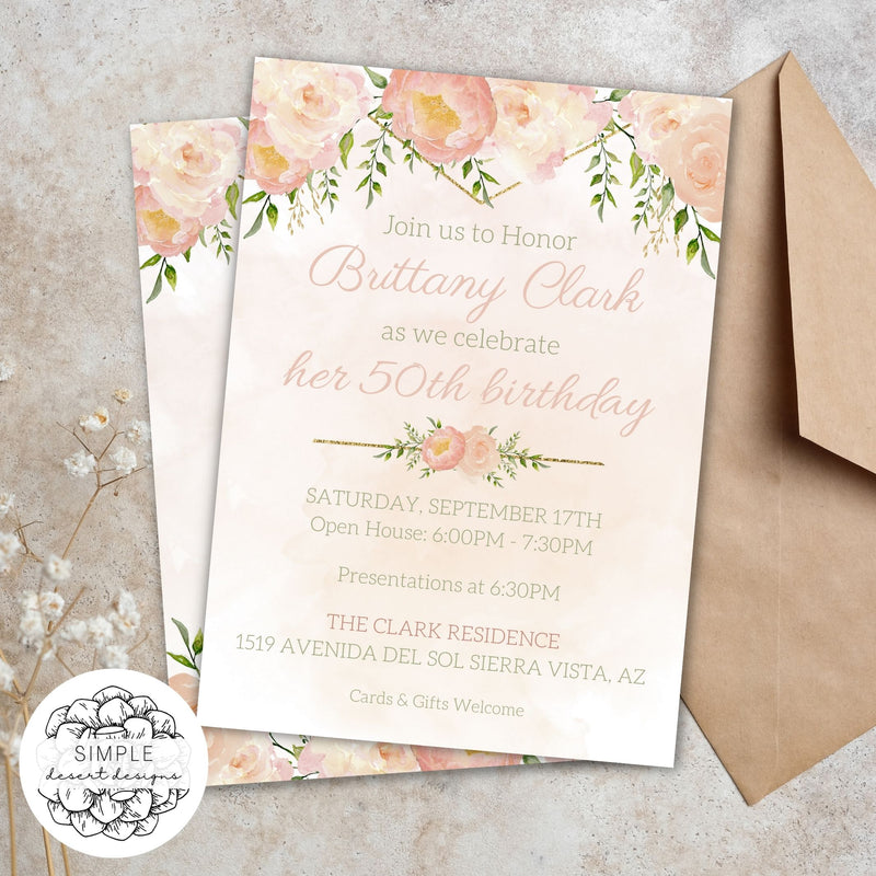 elegant peach floral birthday invitation with gold accents for milestone 50th birthday party for her