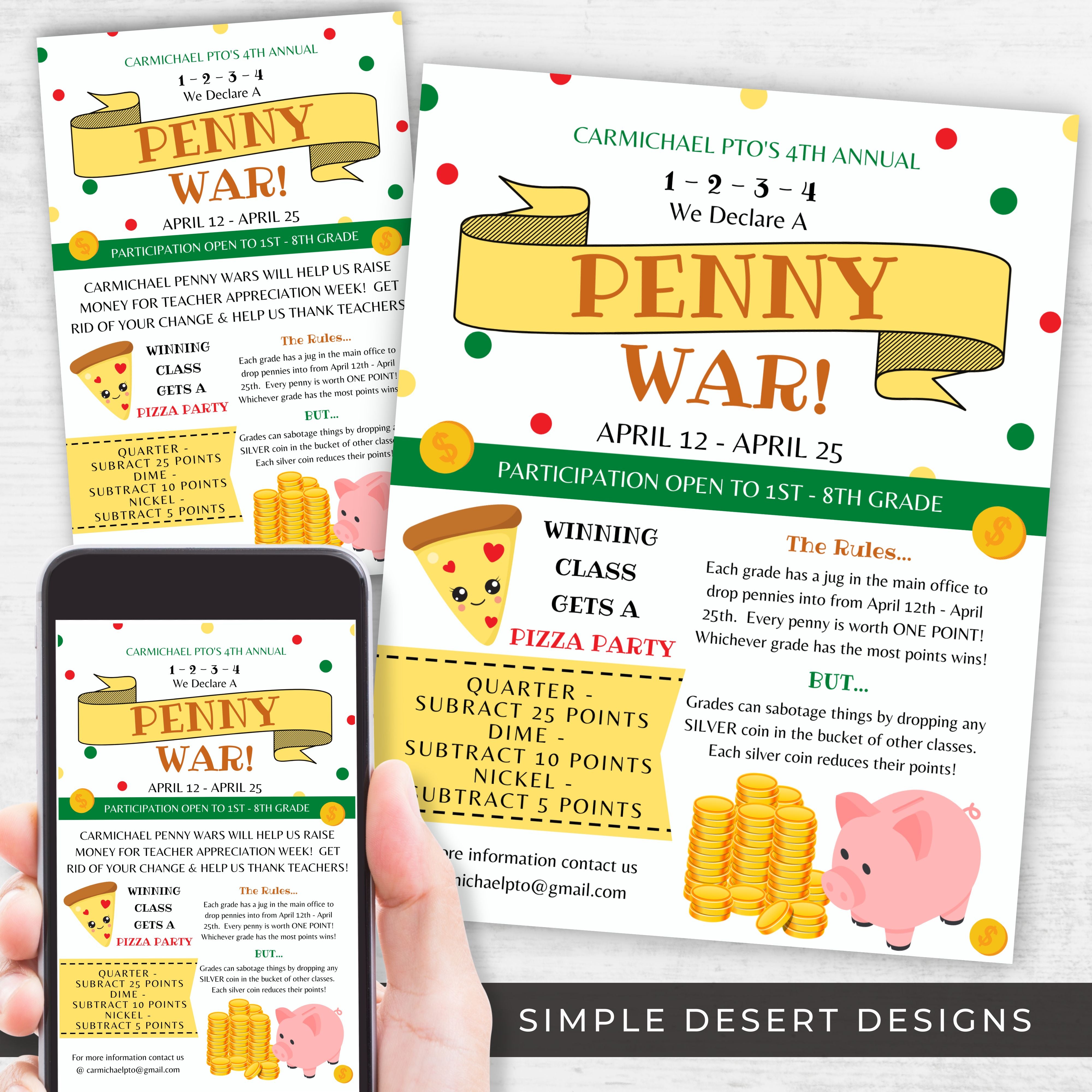 cute vintage style penny war fundraiser flyer with rules and customizable text
