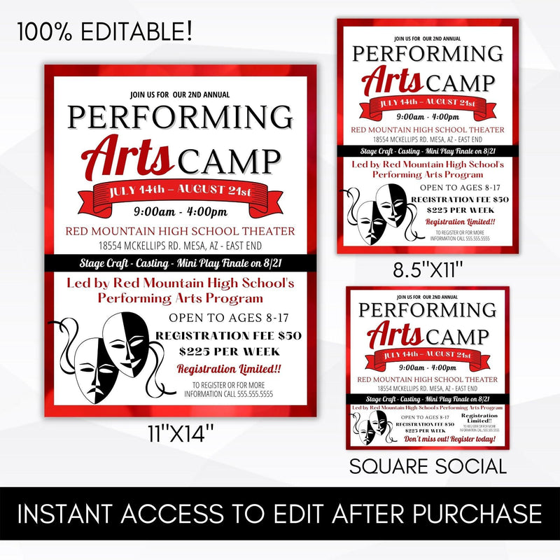 school drama club acting class marketing flyer poster social media template set for community center, school, theater company
