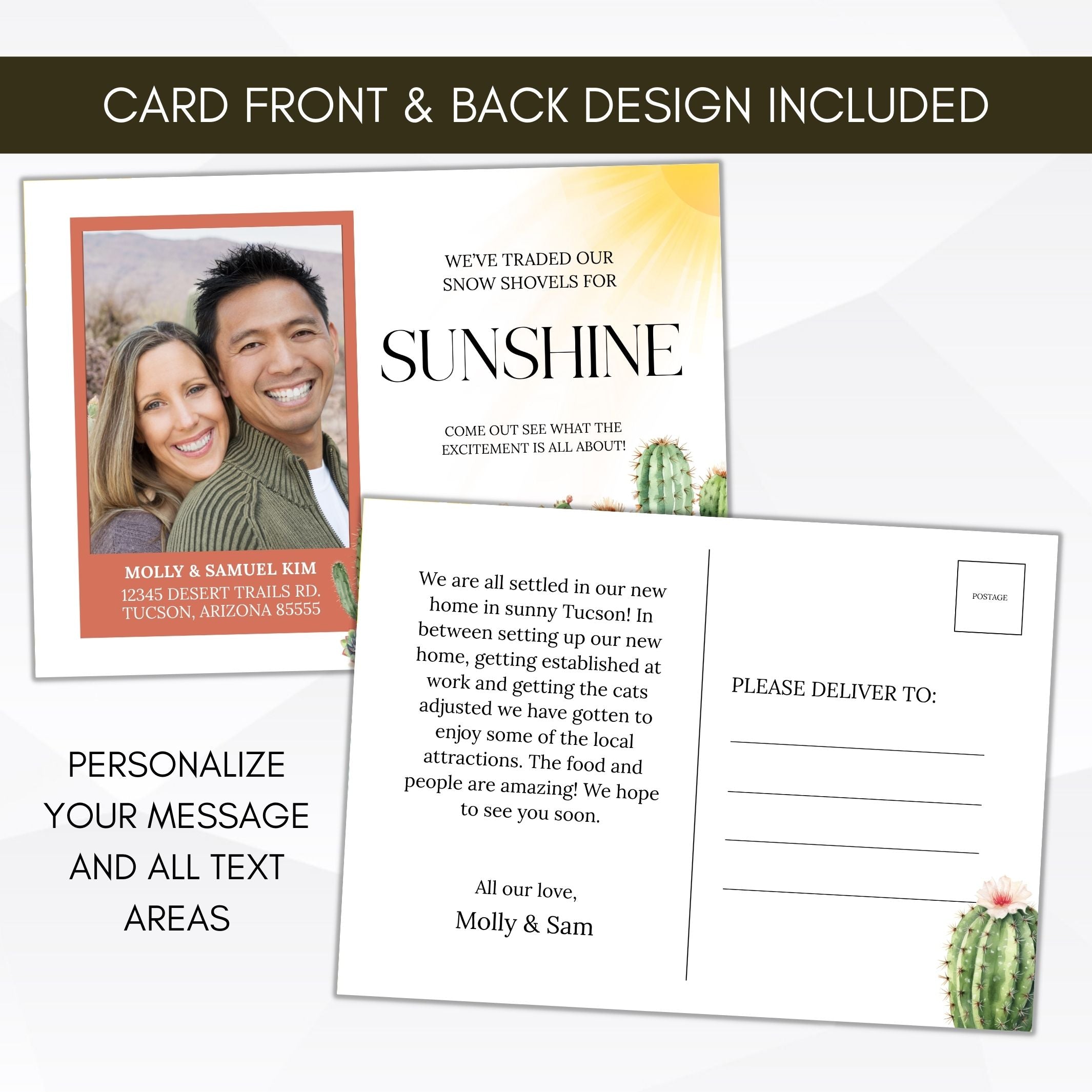 traded our snow shovels for sunshine postcards for move from east coast to desert western cactus scene