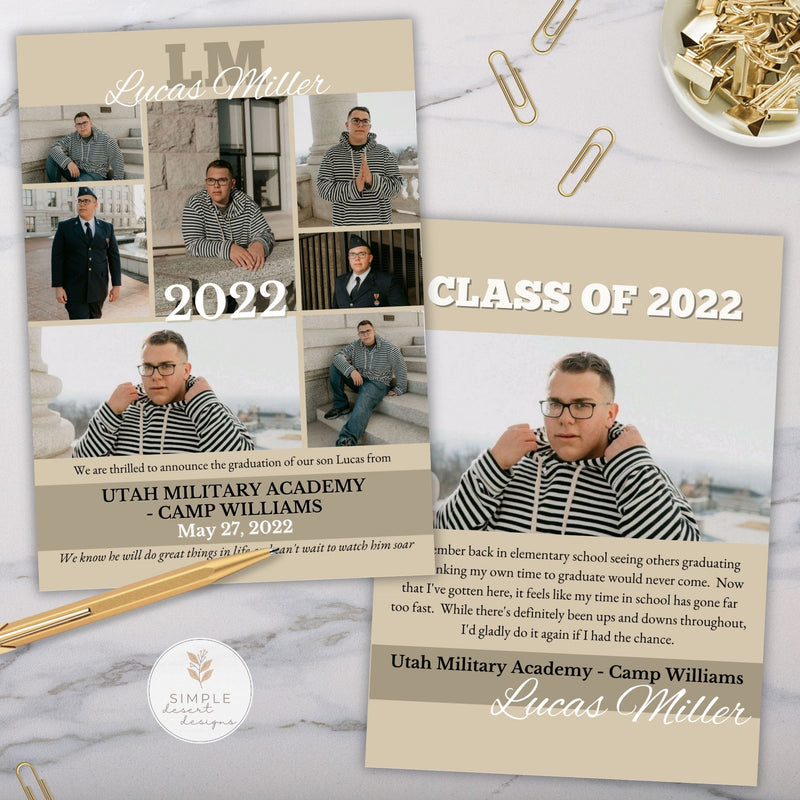 deluxe graduation announcement with photo collage that includes 7 photos on front and 1 on the back in neutral color tone