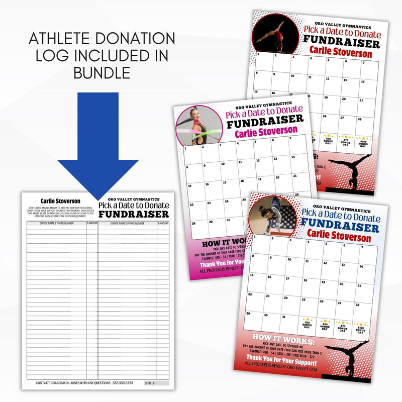 pick a date to donate calendar template for gymnastics with donation log