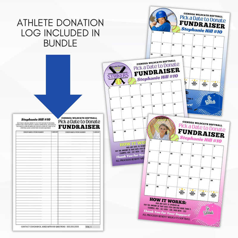 pick a date to donate calendar fundraiser template with donation log form included