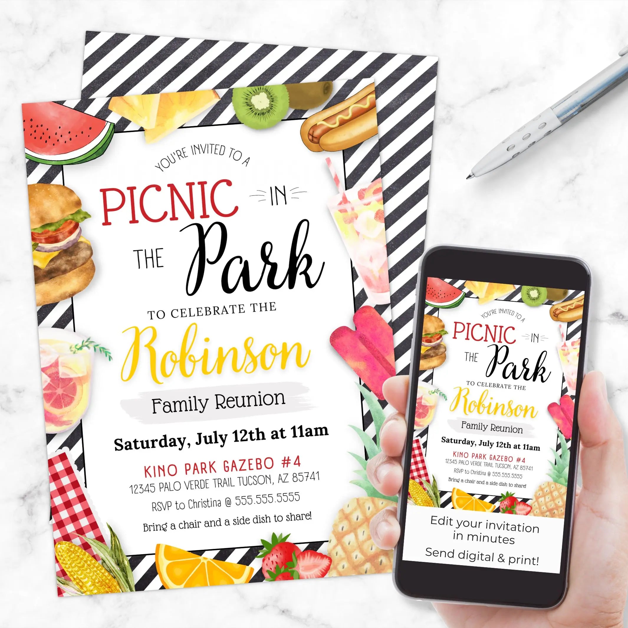 Colorful picnic in the park invitation with customizable text printed and on phone. Various barbeque foods, fruits, and popsicles with black and white diagonal striped background.
